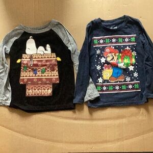 2 Christmas Kids 4T Long Sleeve Shirts - Super Mario and Snoopy